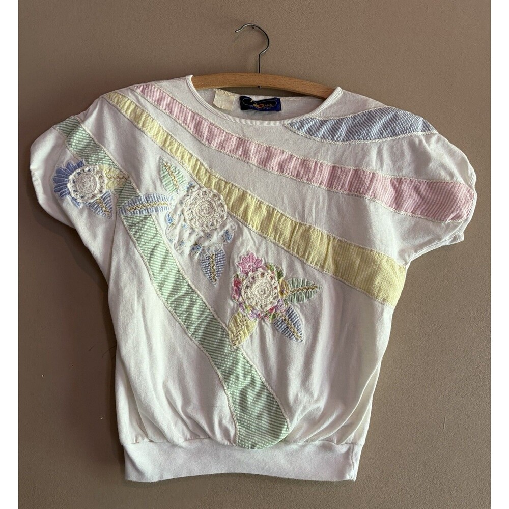 Vintage 20 ANS by Mariea Kim Embroidered Patchwork Woman's Short Sleeve Top Sz M
